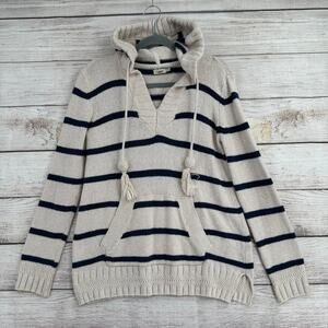 Faherty Kent Striped Hoodie Sweater Womens XS Ivory Blue Tassled Drawstring